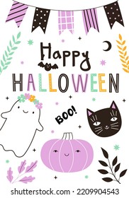 Vector postcard with cute pastel halloween doodles. Hand drawn magic characters for kids. Pumpkin, ghost, cat elements for card, poster, invitation design