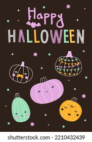 Vector postcard with cute pastel halloween doodle pumpkins. Cartoon magic characters for kids. Hand drawn elements for card, poster, invitation design