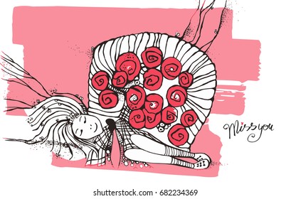 Vector postcard cute stylized girl and flowers, bright, vector line art, miss you, ink graphics