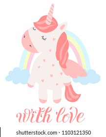 Vector postcard with cute unicorn. Poster with adorable magic animal on background, pastel colors. Valentine's day, anniversary, save the date, baby shower, bridal, birthday
