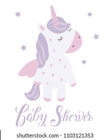 Vector postcard with cute unicorn. Poster with adorable magic animal on background, pastel colors. Valentine's day, anniversary, save the date, baby shower, bridal, birthday

