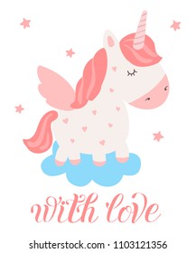 Vector postcard with cute unicorn. Poster with adorable magic animal on background, pastel colors. Valentine's day, anniversary, save the date, baby shower, bridal, birthday
