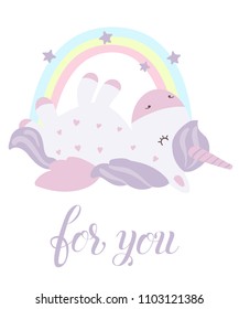 Vector postcard with cute unicorn. Poster with adorable magic animal on background, pastel colors. Valentine's day, anniversary, save the date, baby shower, bridal, birthday
