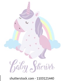 Vector postcard with cute unicorn. Poster with adorable magic animal on background, pastel colors. Valentine's day, anniversary, save the date, baby shower, bridal, birthday