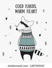 Vector postcard with cute winter raccoon in cozy sweater. Doodle illustration. Winter holidays, baby shower, birthday, children's party, Valentine’s 