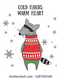 Vector postcard with cute winter raccoon in cozy sweater. Doodle illustration. Winter holidays, baby shower, birthday, children's party, Valentine’s 