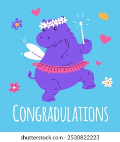 Vector postcard with a dancing hippopotamus fairy in a wreath of daisies and a tutu with a magic wand. Perfect for decorating invitations to themed parties