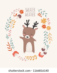 Vector postcard with deer surrounded by a plant wreath with autumn slogan. Thanksgiving day, anniversary, baby shower, birthday, children's party, autumn holidays
