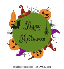 Vector postcard with design elements for Halloween. Image of pumpkin with different faces, spider with web and bat. Festive icon for Halloween.