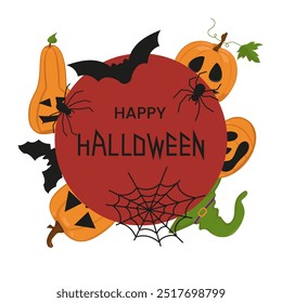 Vector postcard with design elements for Halloween. Image of pumpkin with different faces, spider with web and bat. Witch hat for the holiday. Festive icon for Halloween.