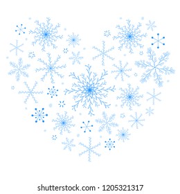 Vector postcard design. Hand drawn doodle snow elements. Beautiful heart shape made of blue snowflakes isolated on white background. Charming winter poster.
