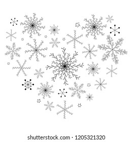 Vector postcard design. Hand drawn doodle snow elements. Beautiful heart shape made of black monochrome snowflakes isolated on white background. Charming winter poster.