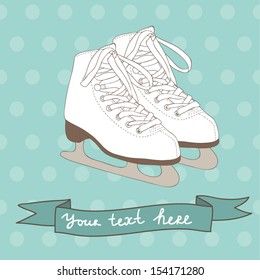 Vector postcard design with ice skates on the polka dot background