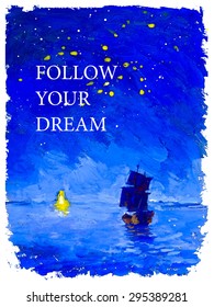 Vector postcard design with watercolor hand drawn illustration of ship sailing across the sea towards lighthouse under the night sky with text place. Good for memory card ir book illustration.