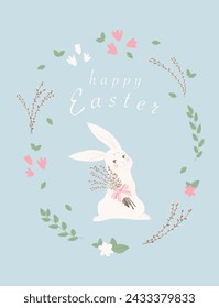 Vector postcard with Easter bunny and pussy willow on blue background. Simple print design.  Floral frame. Happy Easter text.