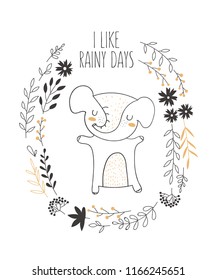 Vector postcard with elephant surrounded by a plant wreath with autumn slogan. Thanksgiving day, anniversary, baby shower, birthday, children's party, autumn holidays