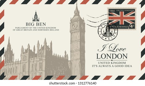 Vector postcard or envelope with Big Ben in London, UK and inscriptions. Retro postcard with postmark postage stamp with flag of United Kingdom