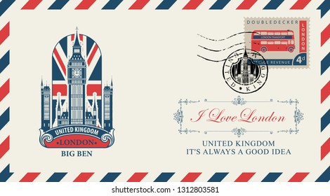 Vector postcard or envelope with Big Ben in London, UK flag and inscriptions. Retro postcard with postmark with Big Ben and postage stamp with double decker bus