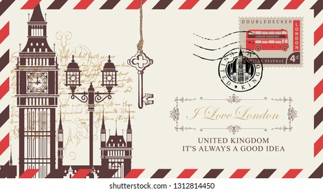 Vector postcard or envelope with Big Ben in London, lamp post and inscription I love London. Retro postcard with postmark with Big Ben and postage stamp with double decker bus