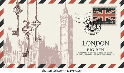 Vector postcard or envelope with Big Ben in London, old keys and inscriptions. Retro postcard with postmark in form of royal coat of arms and postage stamp with flag of United Kingdom