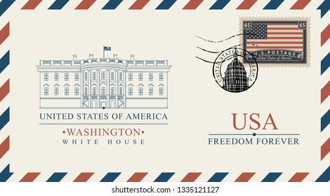 Vector Postcard Or Envelope With Famous Washington White House And Inscriptions. Postcard With Postmark In Form Of Capitol Building And Postage Stamp With Flag Of USA