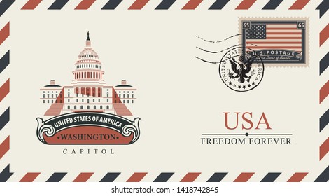 Vector postcard or envelope with famous Washington Capitol building and inscriptions. Postcard with postmark in form of coat of arms and postage stamp with flag of USA