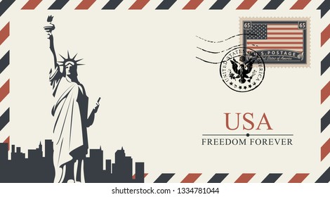 Vector postcard or envelope with New York Statue of Liberty and inscriptions. Postcard with postmark in form of coat of arms and postage stamp with flag of United States of America