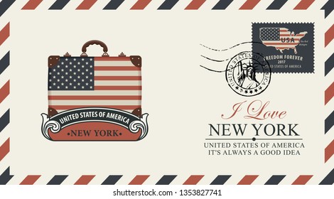 Vector postcard or envelope with suitcase in colors of the national american flag and inscriptions. Postcard with postmark in form of Liberty Head and postage stamp with flag and map of USA.