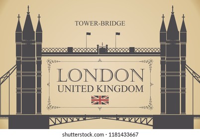 Vector postcard with famous Tower-Bridge in London, UK. Retro postcard with words London, United Kingdom and a british flag