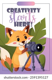 Vector postcard featuring a cute fox taking photos. Perfect for photo studios, bloggers, and creative individuals.  
