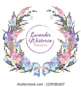 Vector postcard with flowers and green leaves. Wreath of lavender and Wisteria. Frame for invitations and greetings. All elements are isolated.