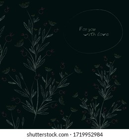 Vector postcard of flowers on a dark background, as if drawing in crayons