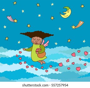 Vector postcard of flying little angel with hearts above night clouds on sky. Greeting invitation card for Valentine day, wedding day. Seamless decorative border