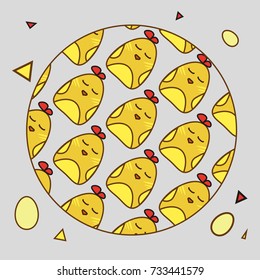Vector postcard with flying sleeping chickens in a circle on a gray background.