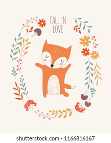 Vector postcard with fox surrounded by a plant wreath with autumn slogan. Thanksgiving day, anniversary, baby shower, birthday, children's party, autumn holidays