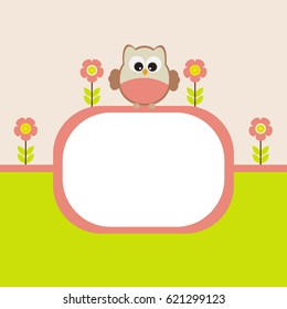Vector postcard frame nature. Cute owl with flowers. There's space for photo or text.