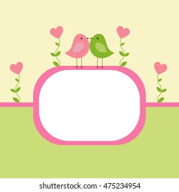 Vector postcard frame nature. Lovers birds among the flowers.