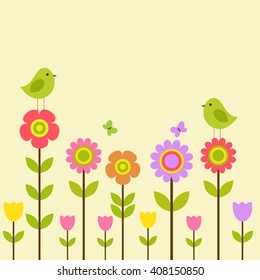 Vector postcard frame on the spring-summer theme. Birds among colorful flowers.