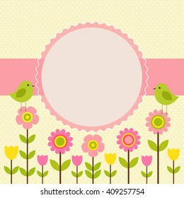 Vector postcard frame on the spring-summer theme. Birds among colorful flowers.