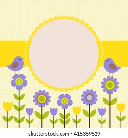 Vector postcard frame on the spring-summer theme. Birds among colorful flowers.