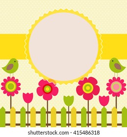 Vector postcard frame on the spring-summer theme. Birds among colorful flowers.