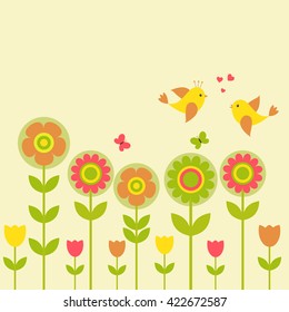 Vector postcard frame on the spring-summer theme. Love birds among colorful flowers.