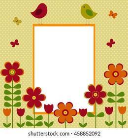 Vector postcard frame on the spring-summer theme. Birds among bright flowers and butterflies. There's space for photo or text.