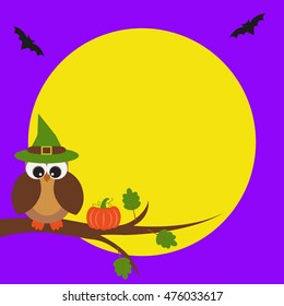 Vector postcard frame on the topic of Halloween. Owl sitting on the tree with the pumpkin on the moon. There's space for photo or text.