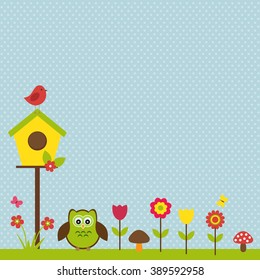 Vector postcard frame for spring theme. Birds in the spring plants, next to the birdhouse on a delicate blue background.