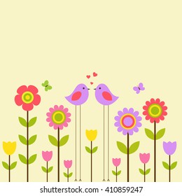 Vector postcard frame of the spring-summer theme. Birds among colorful flowers.