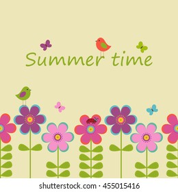 Vector postcard frame for a summer theme. Colorful flowers, birds sitting on them, butterflies and a ladybug.