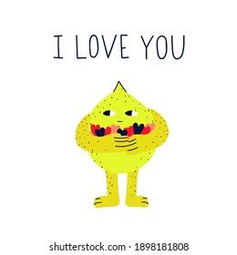 vector postcard - funny strange lemon holding hearts in his hands. Cute lime back view. Romantic elements for valentine's day. Flat hippie indie kid style.Character fruit with eyes