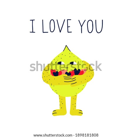 vector postcard - funny strange lemon holding hearts in his hands. Cute lime back view. Romantic elements for valentine's day. Flat hippie indie kid style.Character fruit with eyes