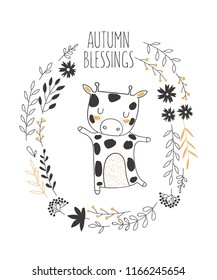 Vector postcard with giraffe surrounded by a plant wreath with autumn slogan. Thanksgiving day, anniversary, baby shower, birthday, children's party, autumn holidays